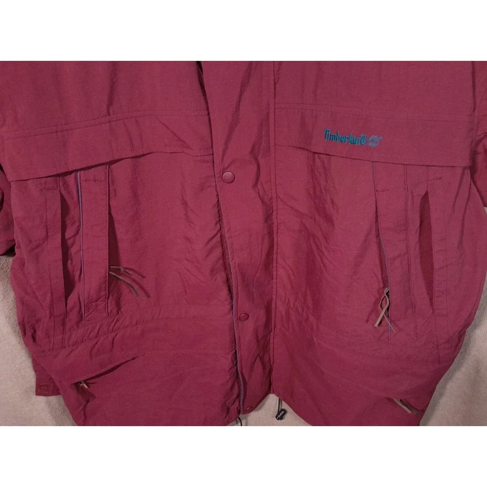 Timberland Rain Jacket Mens Burgundy Teal XL Vintage 90s Weathergear Hooded Coat